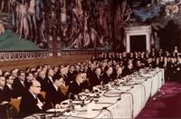 Am 25. M&auml;rz 1957 unterzeichneten die Regierungschefs aus Italien, Deutschland, Frankreich, Belgien, den Niederlanden und Luxemburg in Rom die Vertr&auml;ge zur Gr&uuml;ndung (2)